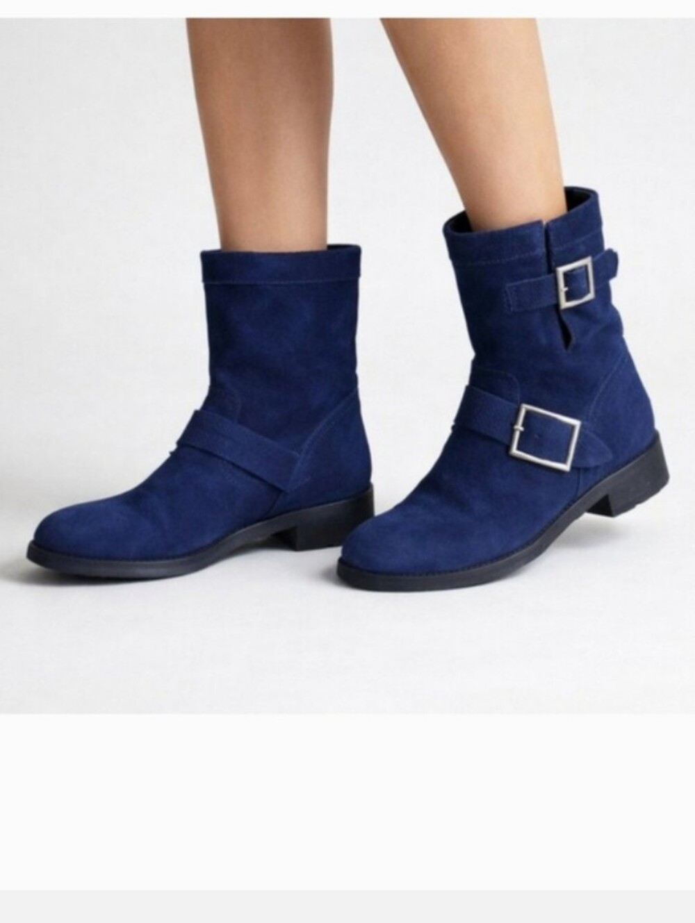 Navy Blue Suede Buckle Ankle Boots